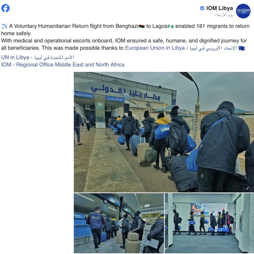 ليبيا تعيد 346 مهاجراً نيجيرياً إلى لاغوس عبر بنغازي وطرابلس خلال أيام، وتنقل 105 آسيويين لمركز إيواء بنغازي تمهيداً لترحيلهم.